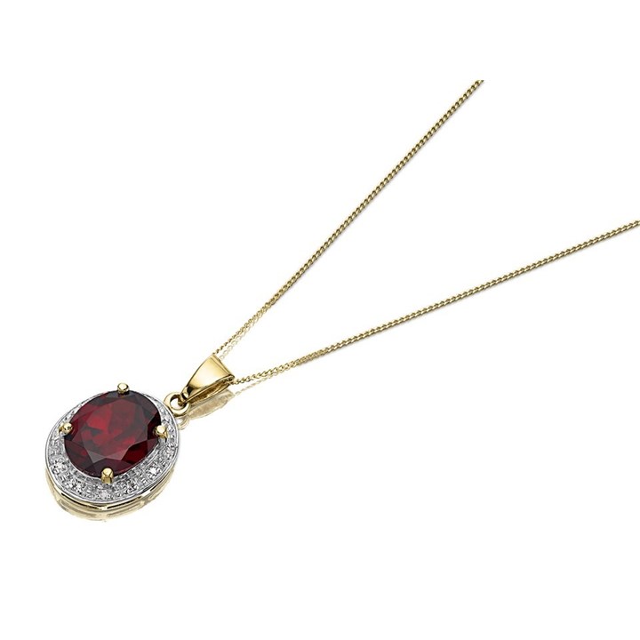 9ct Gold Oval Garnet and Diamond Halo Necklace - R8366