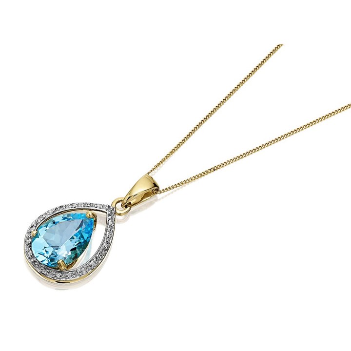 9ct Gold Blue Topaz And  Diamond Teardrop Necklace - 6pts - R8375
