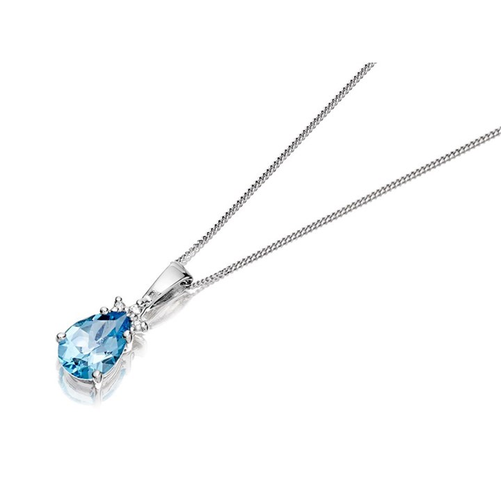 9ct White Gold Blue Topaz And Diamond Peardrop Necklace - R8377