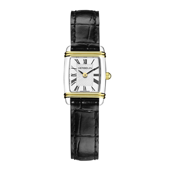 Herbelin 17438T08 Art Deco Two Tone Black Leather Strap Watch - W03155