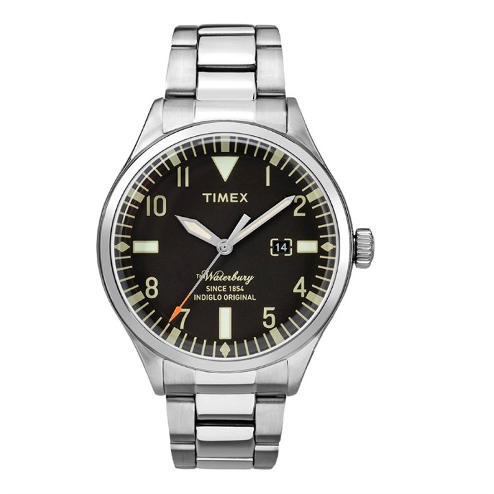 Timex TW2R25100 Waterbury Indiglo Silver Tone Black Dial Bracelet Watch - W04223