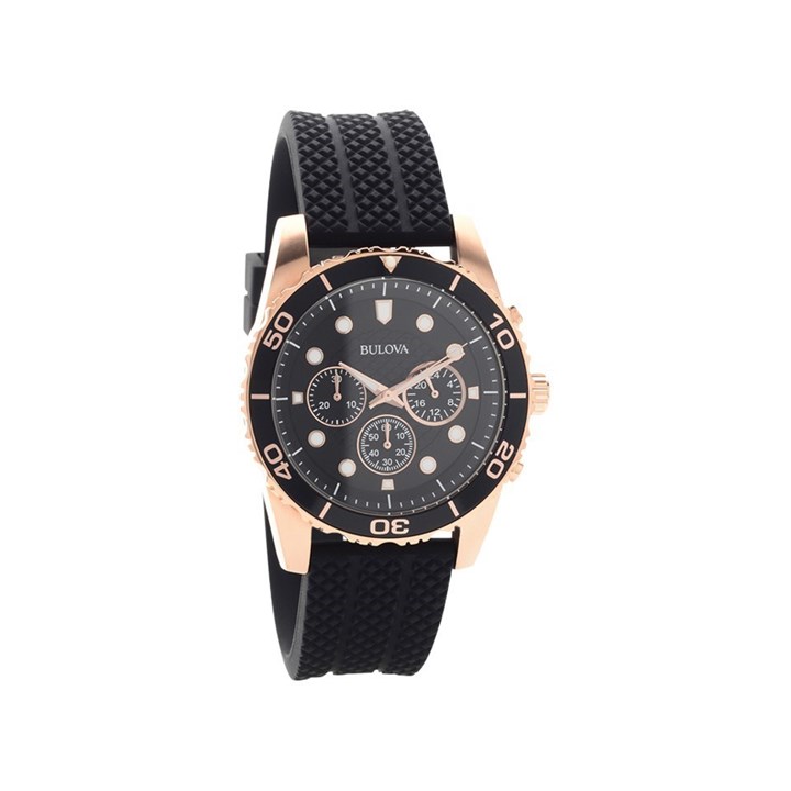 Bulova 98A192 Rose Gold Plated Black Silicon Strap Watch - W09123