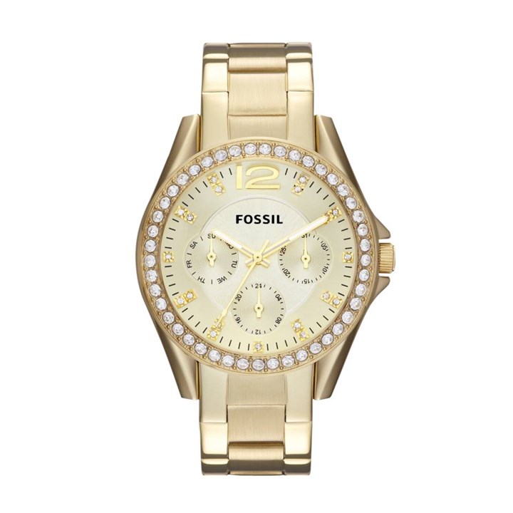 Fossil ES3203 Riley Multifunction Gold Tone Stone Set Bracelet Watch - W10522