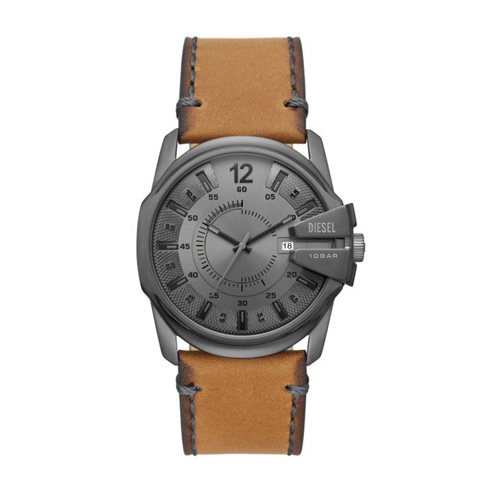 Diesel DZ1964 Master Chief Grey IP Tan Leather Strap Watch - W11374