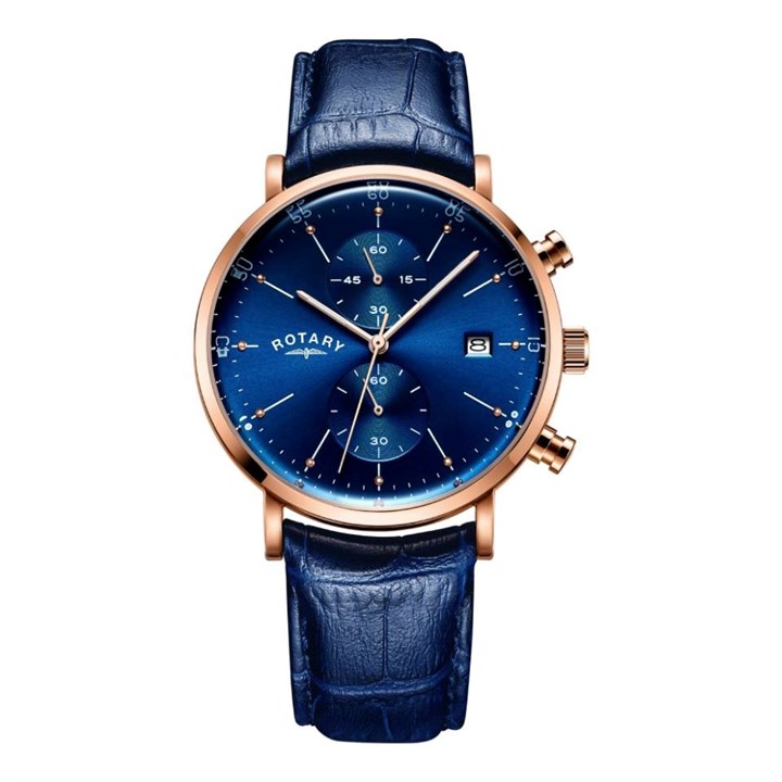 Rotary GS00302/05 Rose Gold Tone Blue Leather Strap Watch - W13108