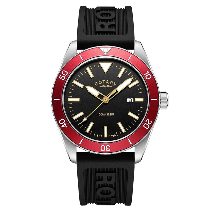Rotary RGS10007/98 Apex100 Stainless Steel Red Bezel Black Silicone Strap Watch - W13340