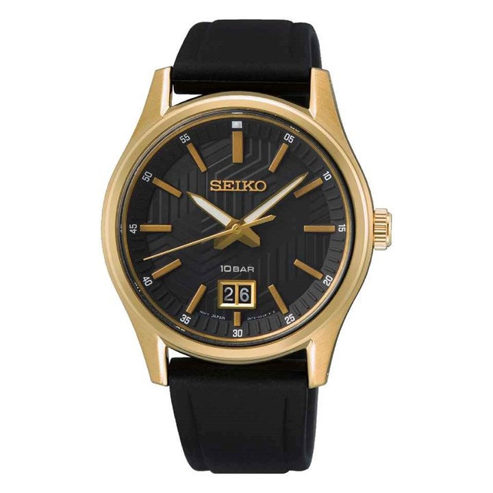 Seiko SUR560P1 Gold Tone Black Silicone Strap Watch - W24234