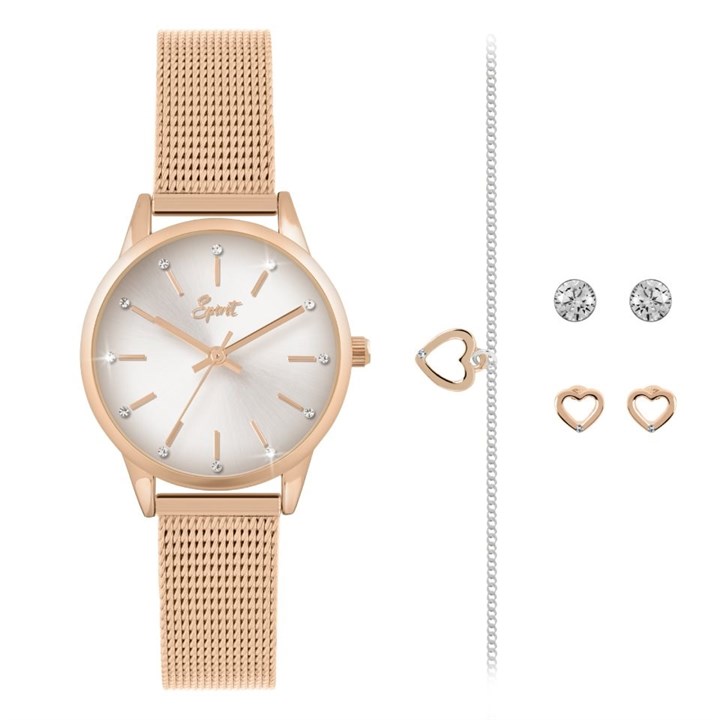 Spirit SPLX-4000 Rose Tone Mesh Watch, Stud Earrings & Bracelet Set - W27202