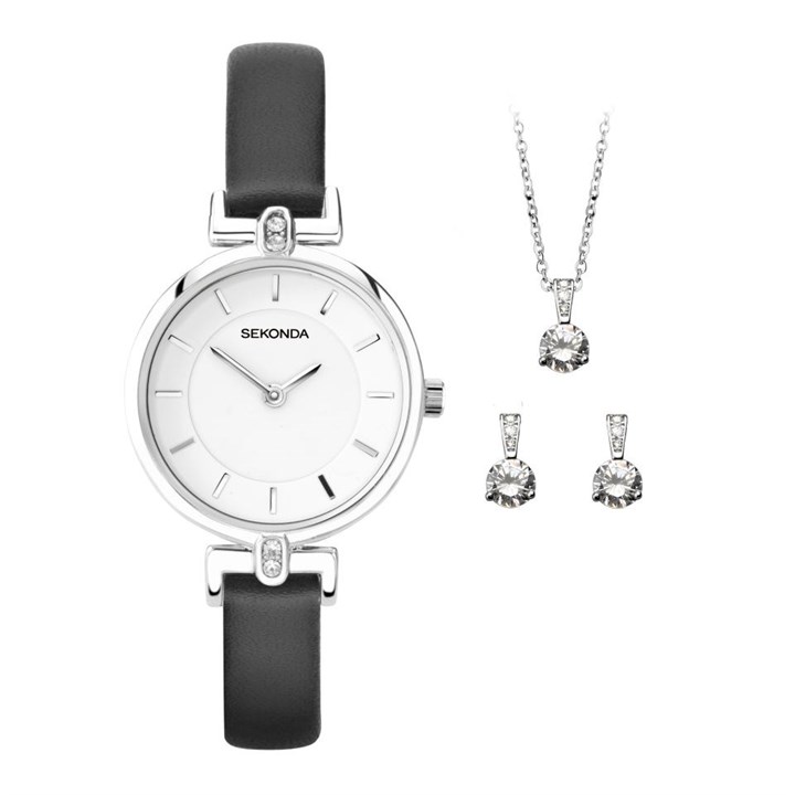 Sekonda 2672G Black Strap Watch, Necklace And Earring Gift Set - W32451