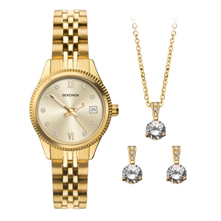 Sekonda 2797G Gold Tone Watch, Necklace And Earrings Gift Set - W32495