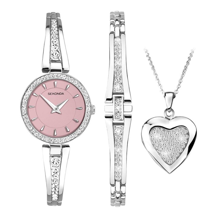 Sekonda 49104 Pink Dial Watch, Bracelet & Necklace Gift Set - W32500
