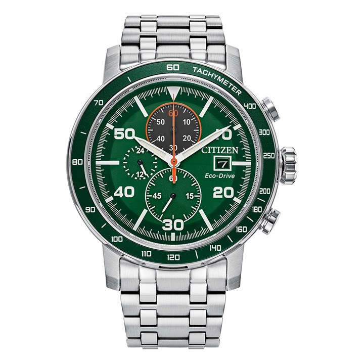Citizen CA0851-56X Eco-Drive Chrono Stainless Steel Green Dial Bracelet Watch - W38541