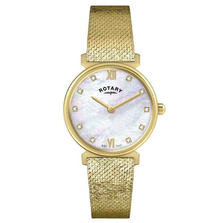 Rotary RLB10022/07 1895 Gold Tone Mother Of Pearl Stone Set Dial Mesh Bracelet Watch - W64242