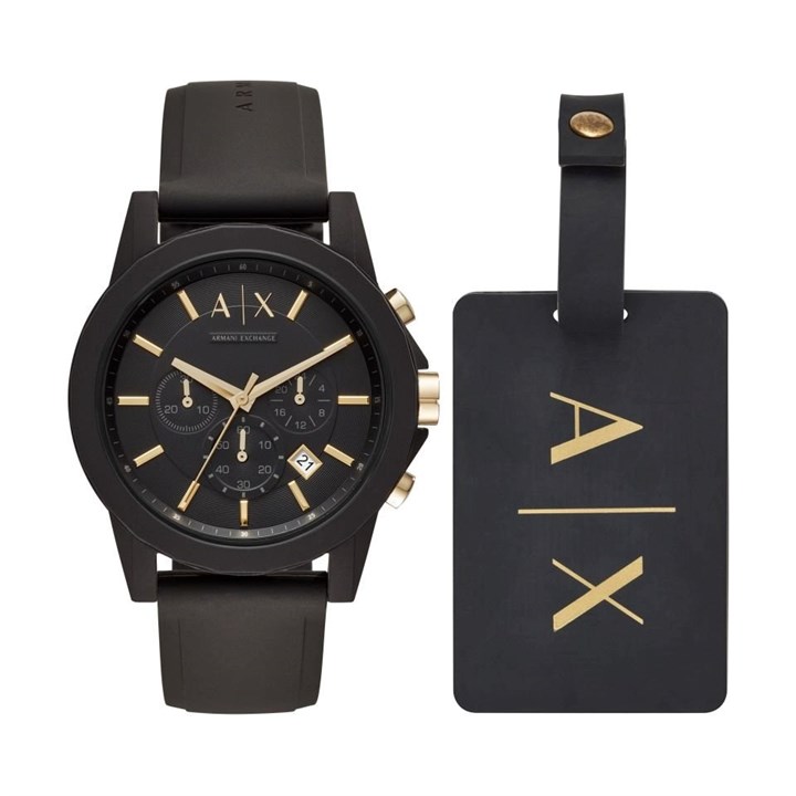 Armani Exchange AX7105 Black Resin Watch And Luggage Tag Gift Set - W65103