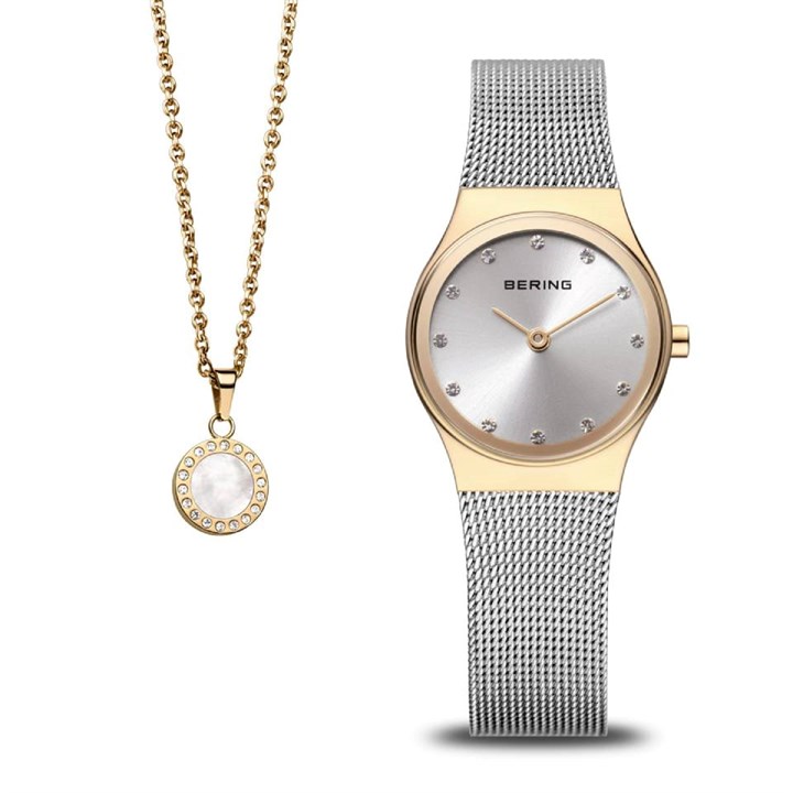 BERING 12924-001G Mesh Bracelet Watch & Necklace Gift Set - W74286
