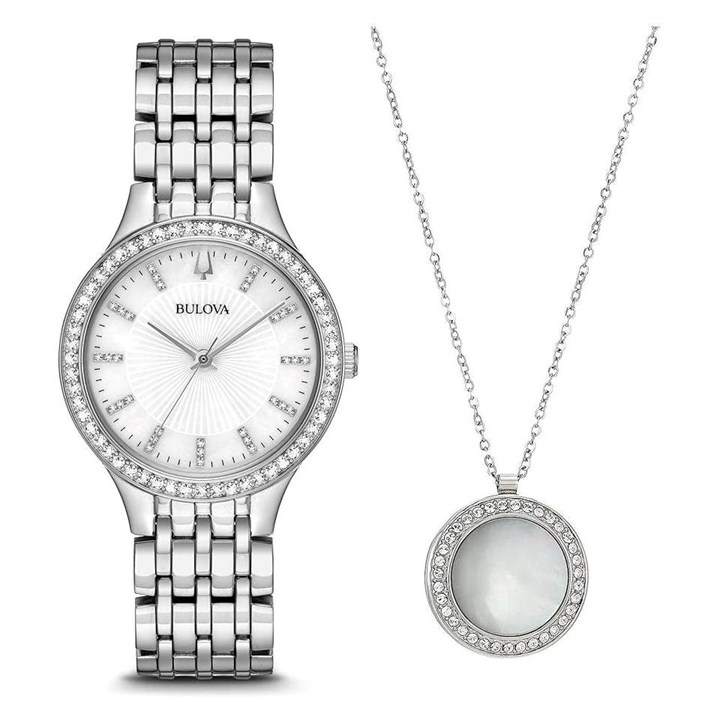 Bulova 96X146 Stainless Steel Crystal Watch And Necklace Gift Set - W83196