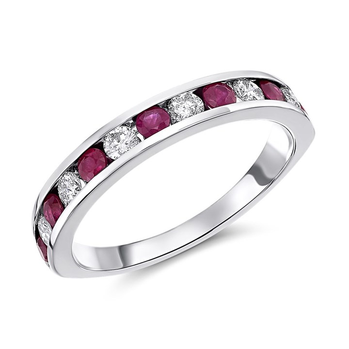 9ct White Gold Ruby and Diamond Half Eternity Ring - 70pts - X10676