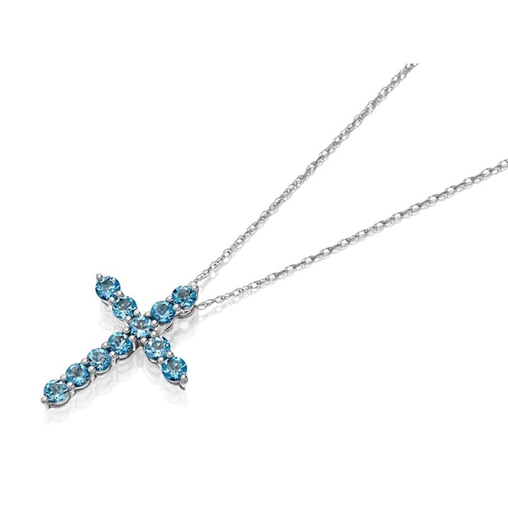 9ct White Gold Blue Topaz Cross Pendant And Chain - X50848