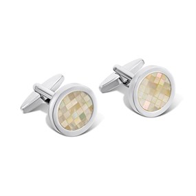 Mosaic Mother Of Pearl Silver Tone Round Cufflinks - A53194