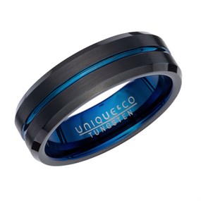 Unique Tungsten Carbide Black And Blue IP Ring 7mm - A73149