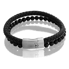Unique Black Leather And Onyx Magnetic Bracelet - A7377