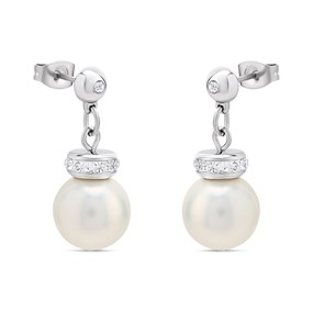Unique Steel White Shell Pearl And Crystal Earrings - A7409