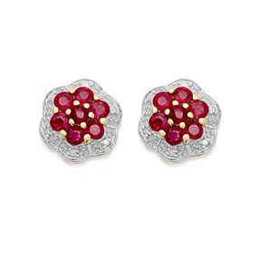 9ct Gold Ruby And Diamond Flower Cluster Stud Earrings - D54127