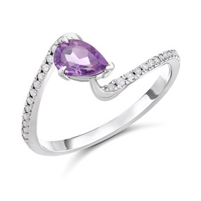 9ct White Gold Pear Amethyst And Diamond Twist Ring, 10pts - D63188