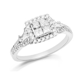 9ct White Gold Princess Cut Diamond Cushion Cluster Ring - 3/4ct - D71141