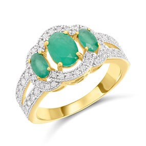 9ct Triple Emerald And Diamond Cluster Ring, 1/2ct - D7513