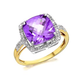 9ct Gold Cushion Amethyst And Diamond Cluster Ring - 7pts - D8417
