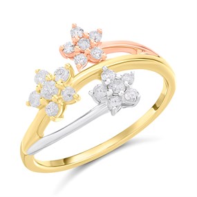 9ct 3-Colour Triple Diamond-Set Flower Cluster Ring, 1/3ct - D8617