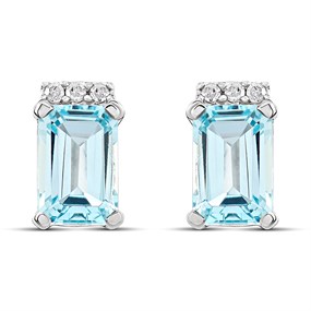 9ct White Gold Rectangular Blue Topaz And Diamond Stud Earrings - D94129
