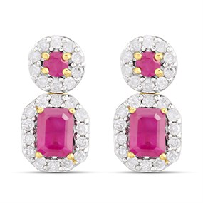 9ct Ruby And Diamond Double Cluster Drop Earrings - D94132