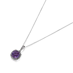 9ct White Gold Cushion Amethyst And Diamond Necklace 10pts - D95119