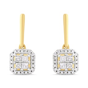 9ct Square Princess Cut And Round Diamond Cluster Earrings, 1/3ct/pair - D96100