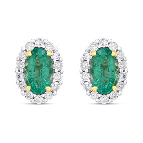 9ct Oval Emerald And Diamond Cluster Stud Ring - D96119