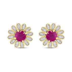 9ct Gold Ruby And Diamond Flower Stud Earrings - D96123