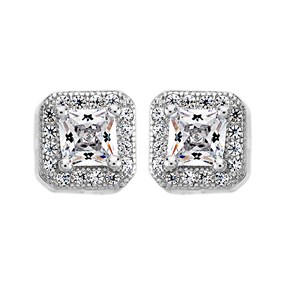 Silver Cubic Zirconia Halo Stud Earrings - 7mm - F04160