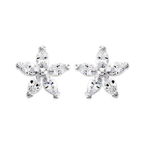 Silver Cubic Zirconia Flower Stud Earrings - 10mm - F04169