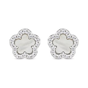 Silver C.Z. Mother Of Pearl Flower Stud Earrings - F04203