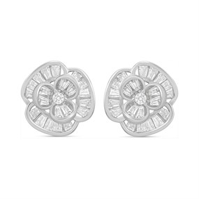 Silver Baguette CZ Rose Stud Earrings - F04221