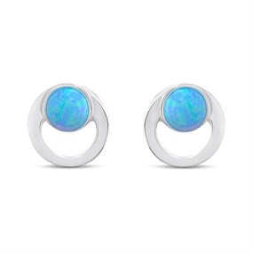 Silver Synthetic Opal Circle Stud Earrings- 6mm - F04248