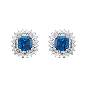 Silver Blue CZ And Clear CZ Cushion Stud Earrings - F04255