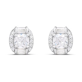 Silver Clear CZ Halo Cushion Stud Earrings - F04256