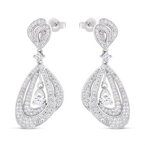 Silver Cubic Zirconia Asymmetric Drop Earrings - 37mm drop - F1198