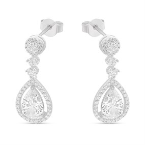 Silver Pear CZ Halo Drop Earrings - F1234