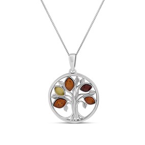 Silver Mixed Amber Tree Of Life Necklace - F33127