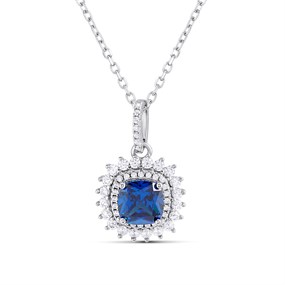 Silver Blue CZ and Clear CZ Cushion Necklace - F35180