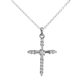 Silver Cubic Zirconia Cross And Chain - F3642